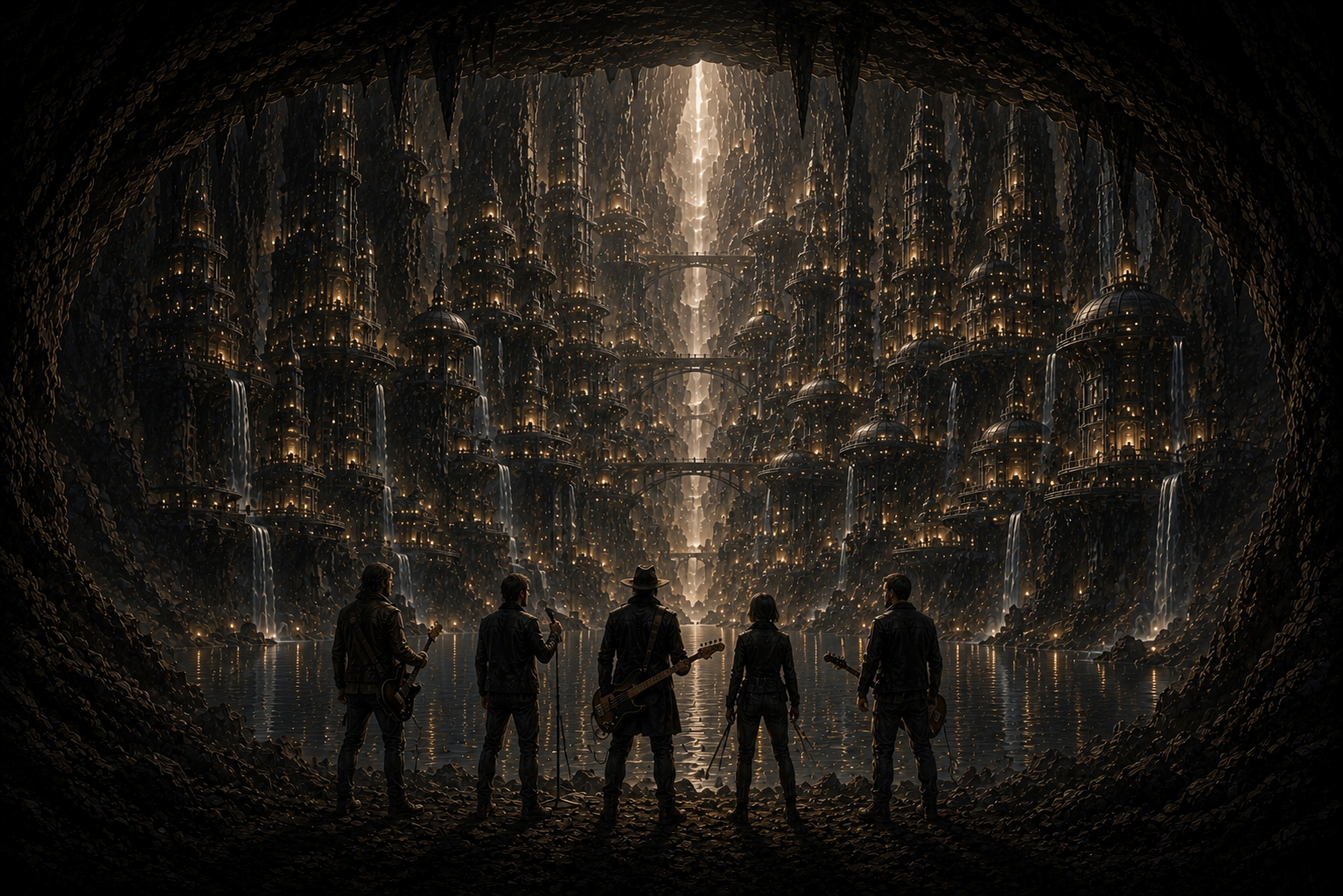 Explorers gazing into the lantern-lit caverns of Crater City